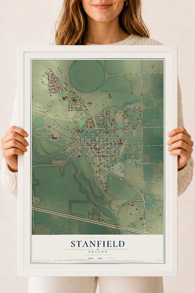 Map of Stanfield, Oregon, 18 x 24 inch print in a white wood frame