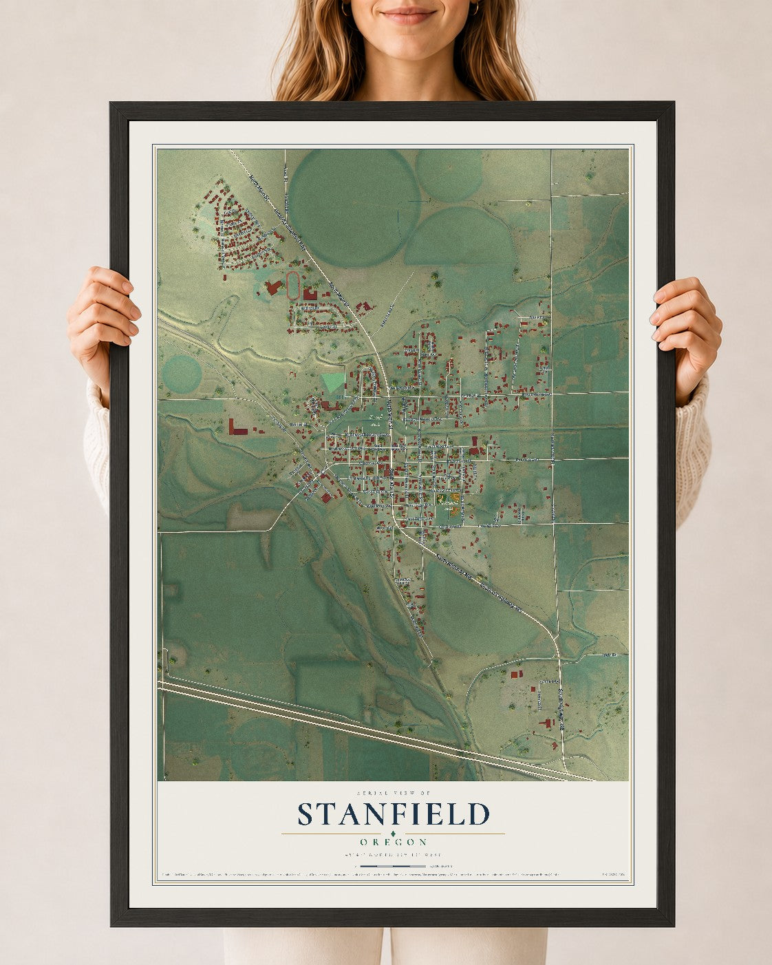 Map of Stanfield, Oregon, 24 x 36 inch print in a black wood frame
