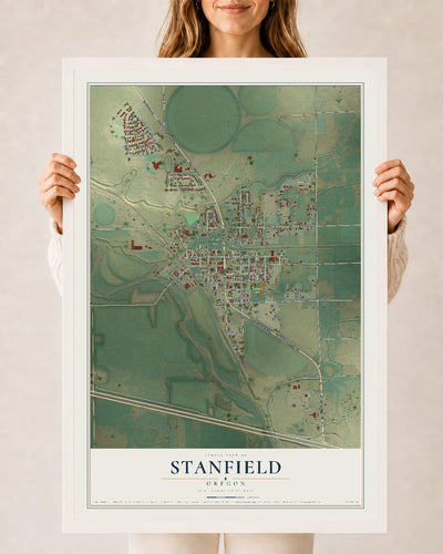 Map of Stanfield, Oregon, 24 x 36 inch print in a white wood frame