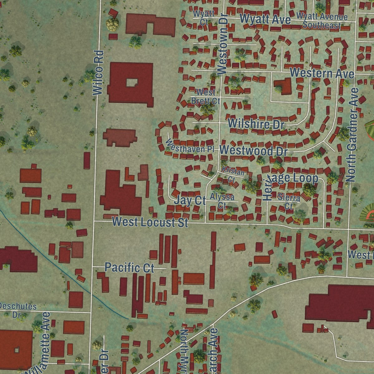 Second close-up of the map of Stayton, Oregon print showing more streets and buildings