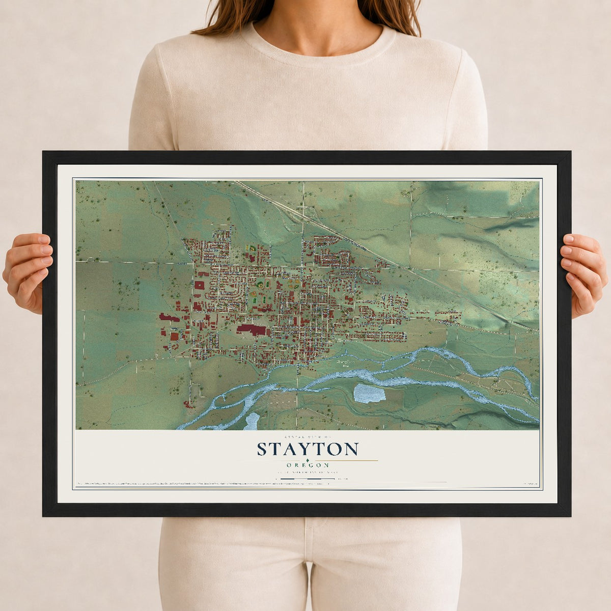 Map of Stayton, Oregon, 12 x 18 inch print in a black wood frame
