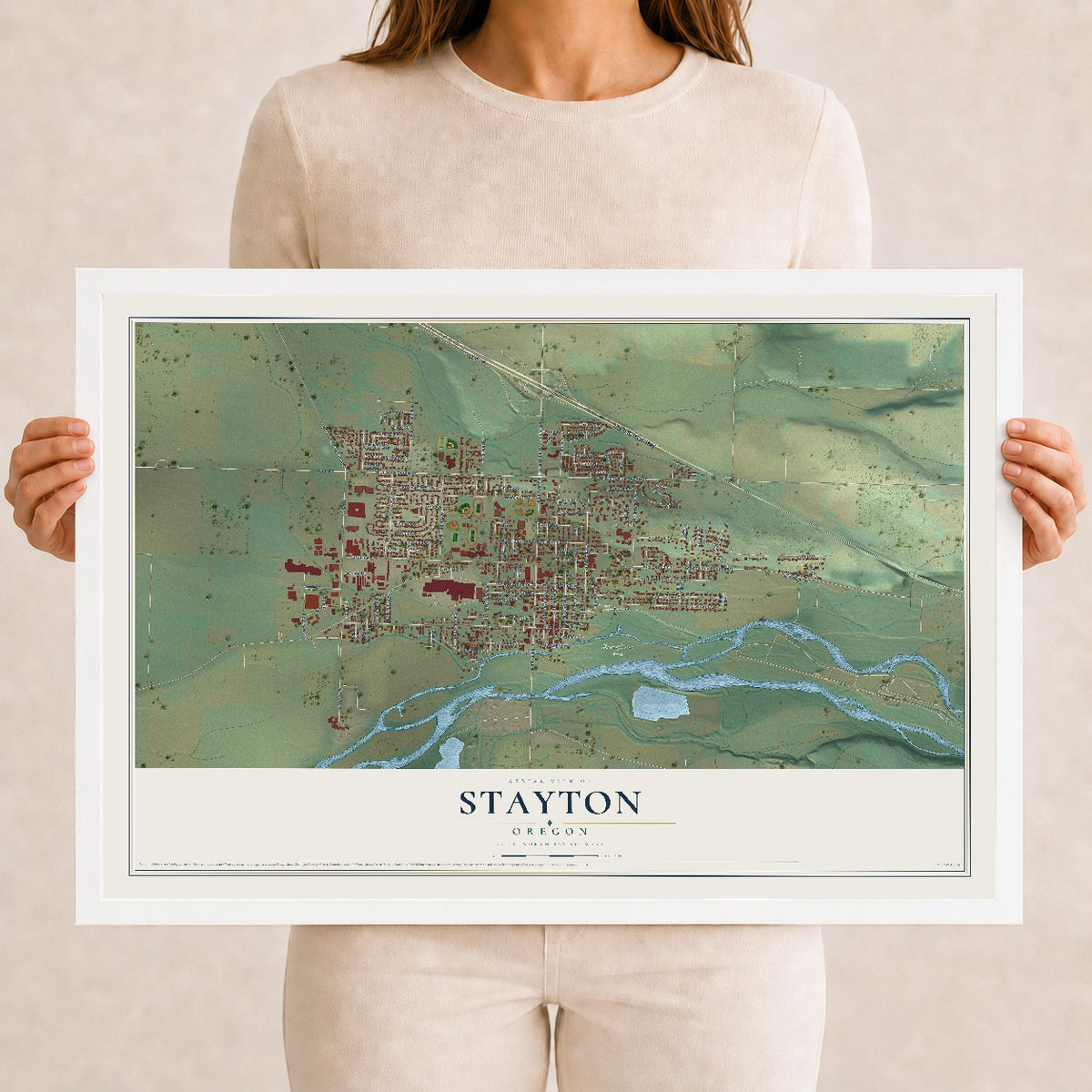 Map of Stayton, Oregon, 12 x 18 inch print in a white wood frame