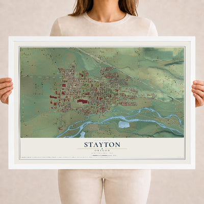 Map of Stayton, Oregon, 18 x 24 inch print in a white wood frame
