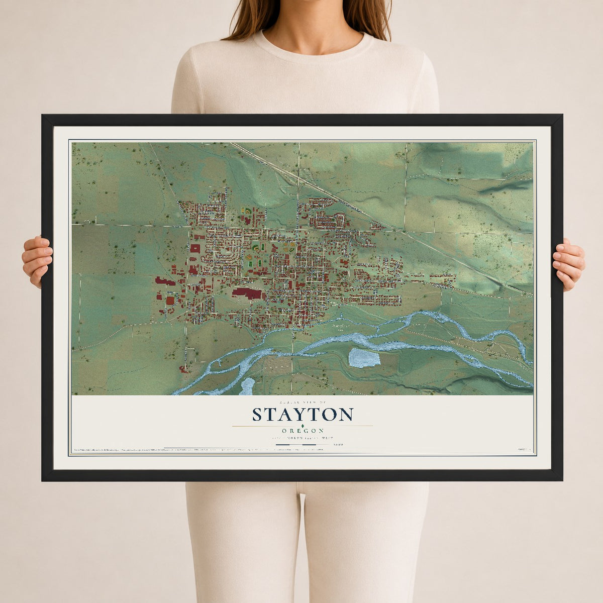 Map of Stayton, Oregon, 24 x 36 inch print in a black wood frame
