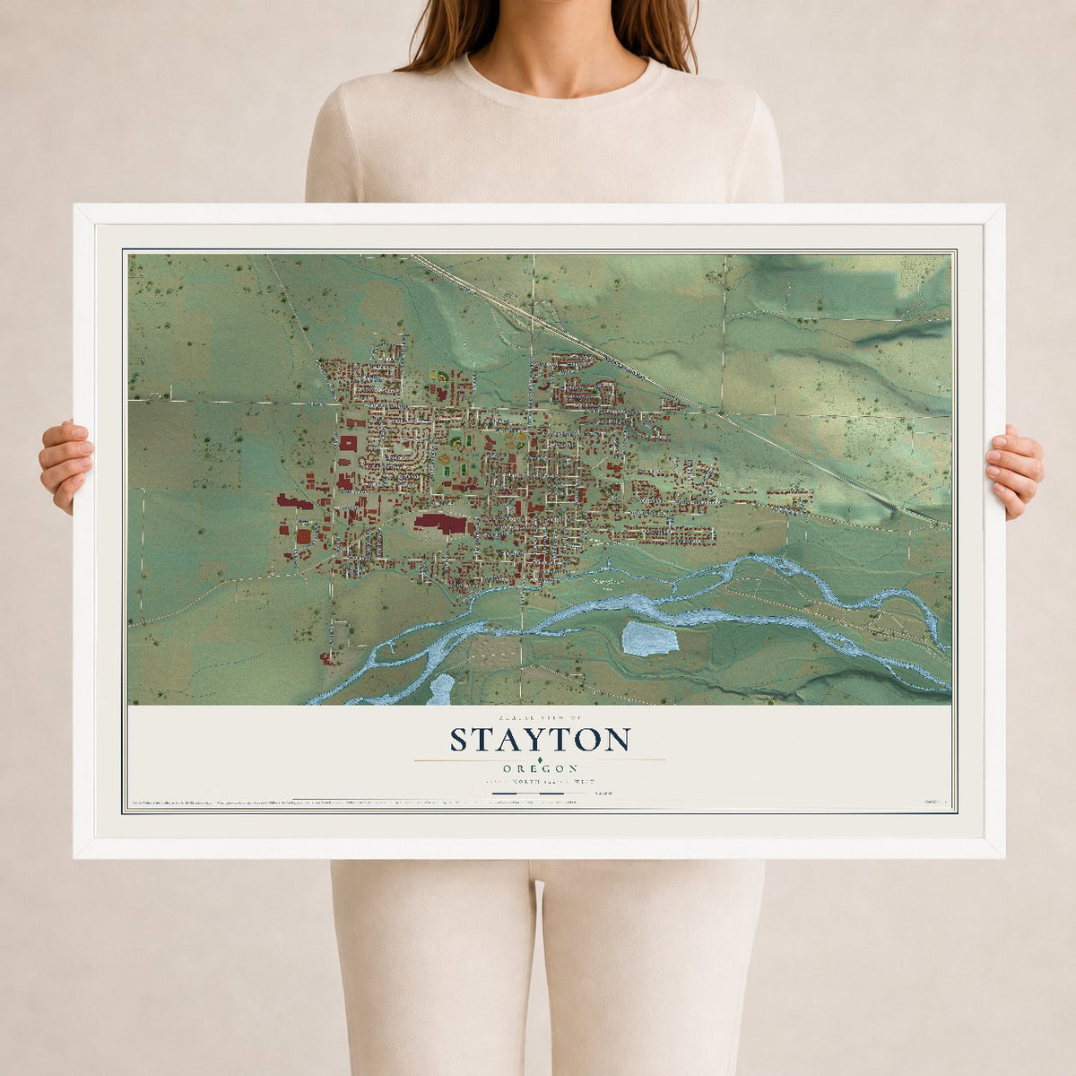 Map of Stayton, Oregon, 24 x 36 inch print in a white wood frame
