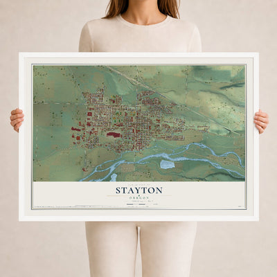 Map of Stayton, Oregon, 24 x 36 inch print in a white wood frame