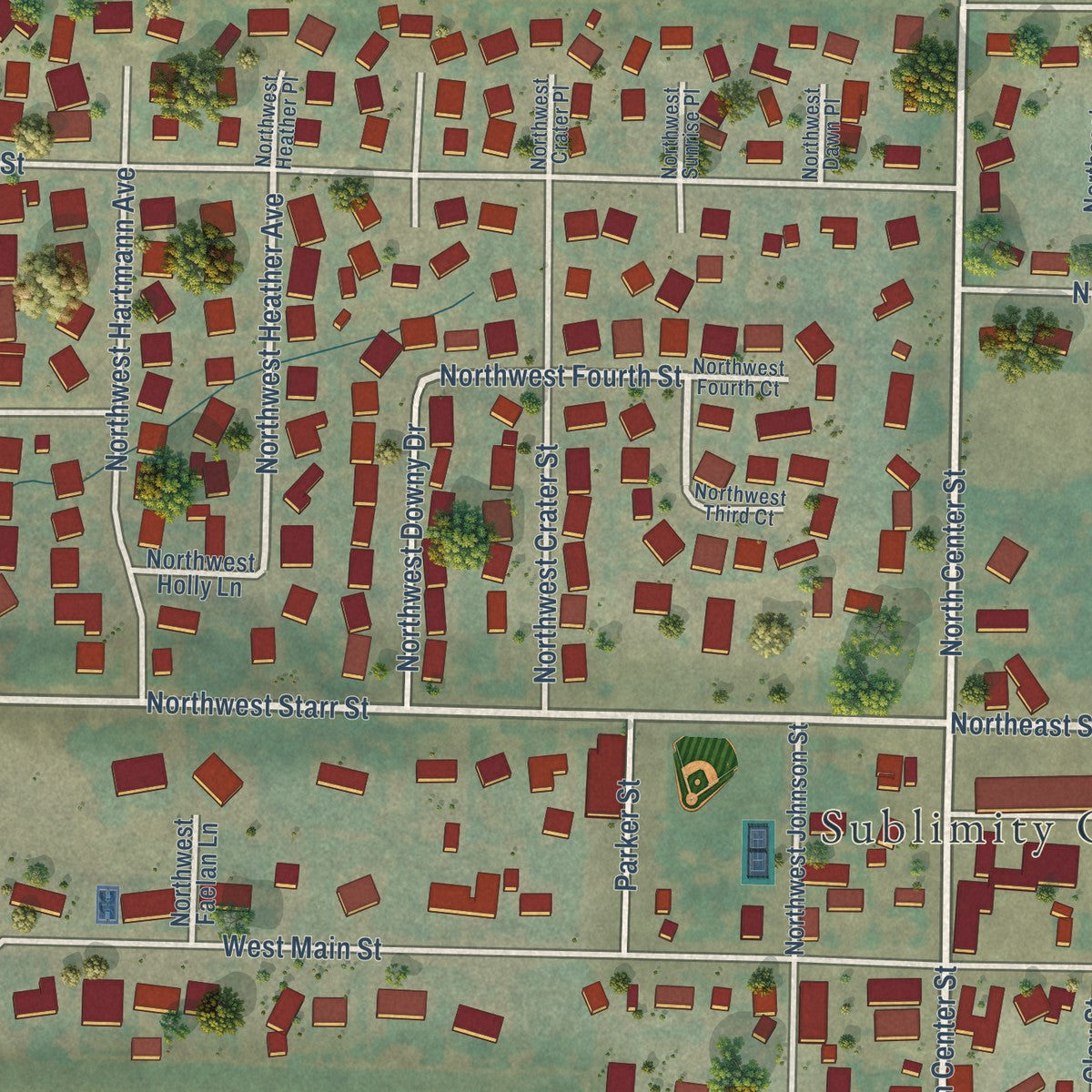 Close-up of the map of Sublimity, Oregon print showing street and building detail