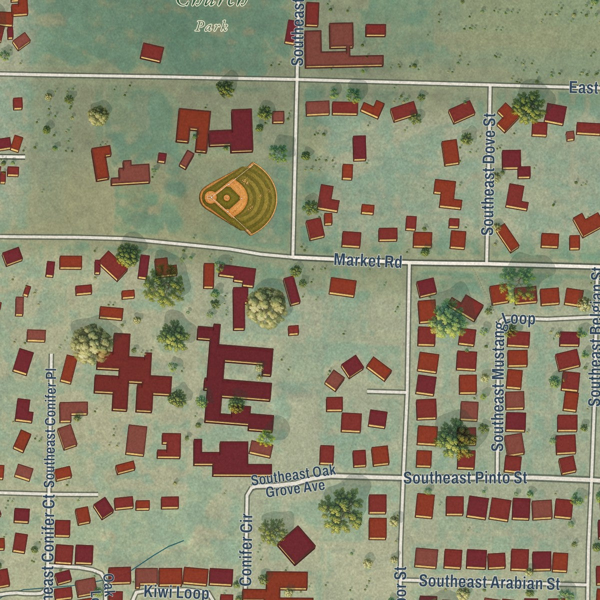 Second close-up of the map of Sublimity, Oregon print showing more streets and buildings