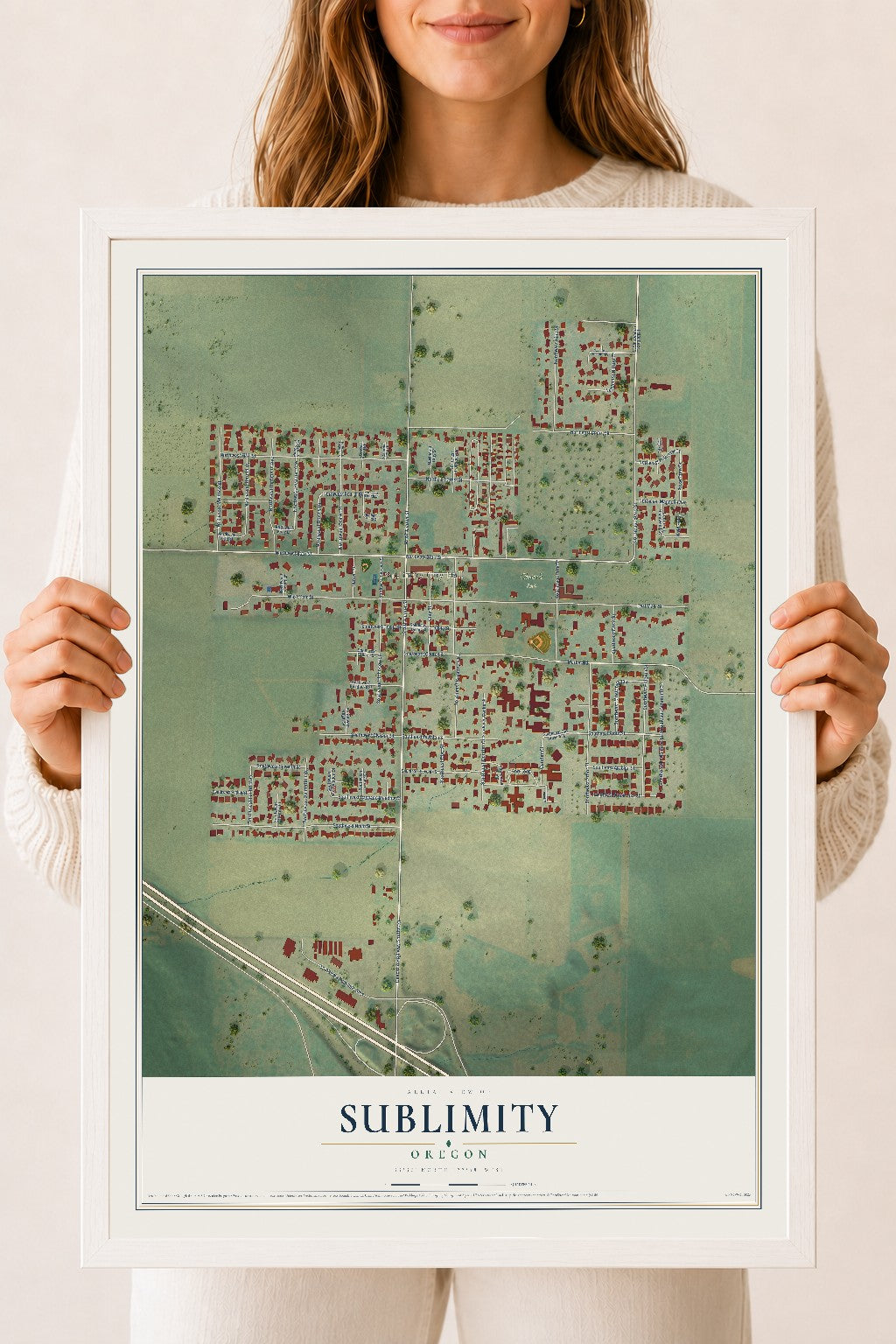 Map of Sublimity, Oregon, 18 x 24 inch print in a white wood frame