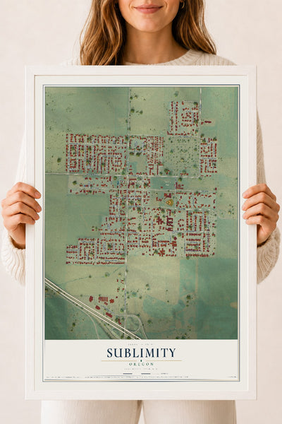 Map of Sublimity, Oregon, 18 x 24 inch print in a white wood frame