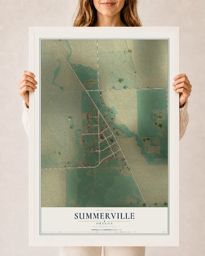 Map of Summerville, Oregon, 24 x 36 inch print in a white wood frame