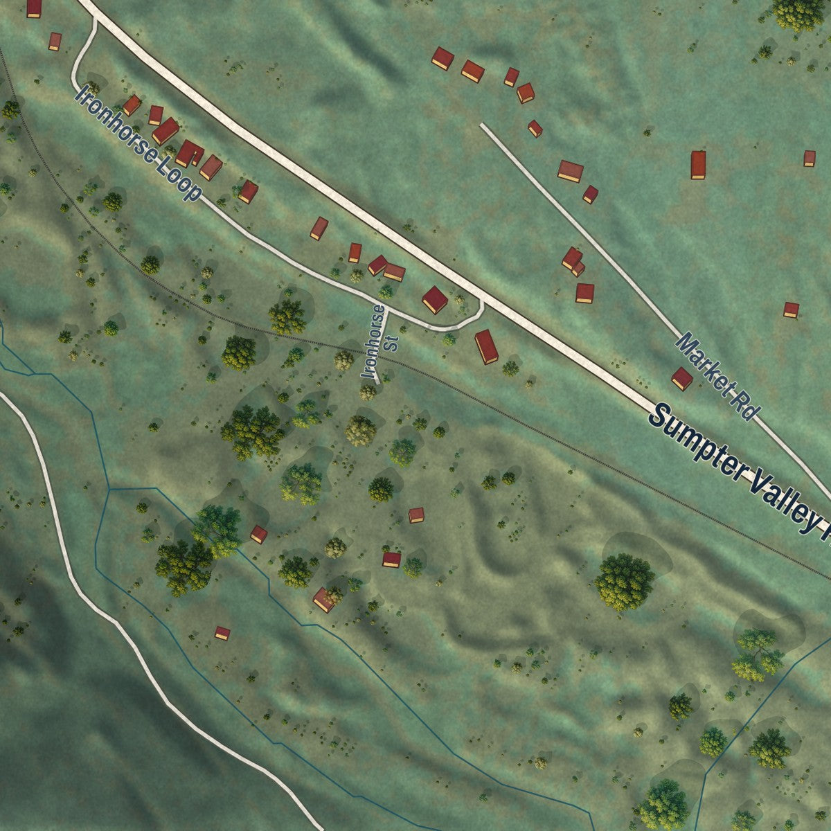 Second close-up of the map of Sumpter, Oregon print showing more streets and buildings