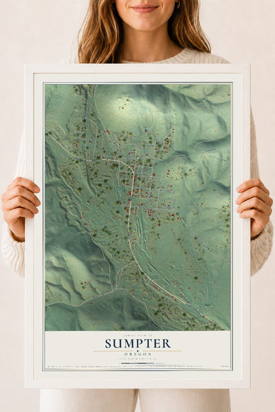Map of Sumpter, Oregon, 18 x 24 inch print in a white wood frame