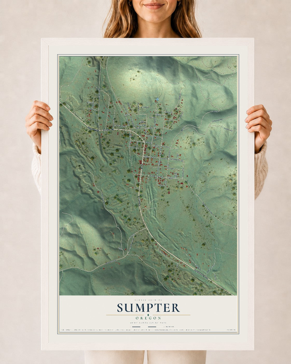 Map of Sumpter, Oregon, 24 x 36 inch print in a white wood frame