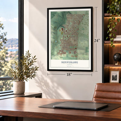 Sunnyslope, Oregon map, 18 x 24 inch print in a black frame in a home office