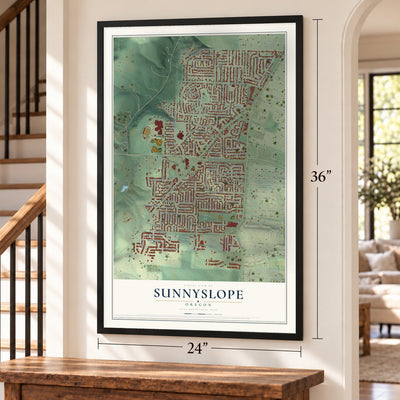 Sunnyslope, Oregon map, 24 x 36 inch print in a black frame by a staircase