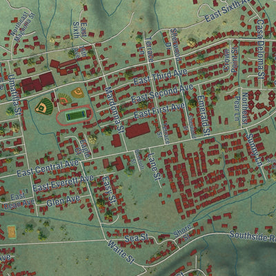 Close-up of the map of Sutherlin, Oregon print showing street and building detail