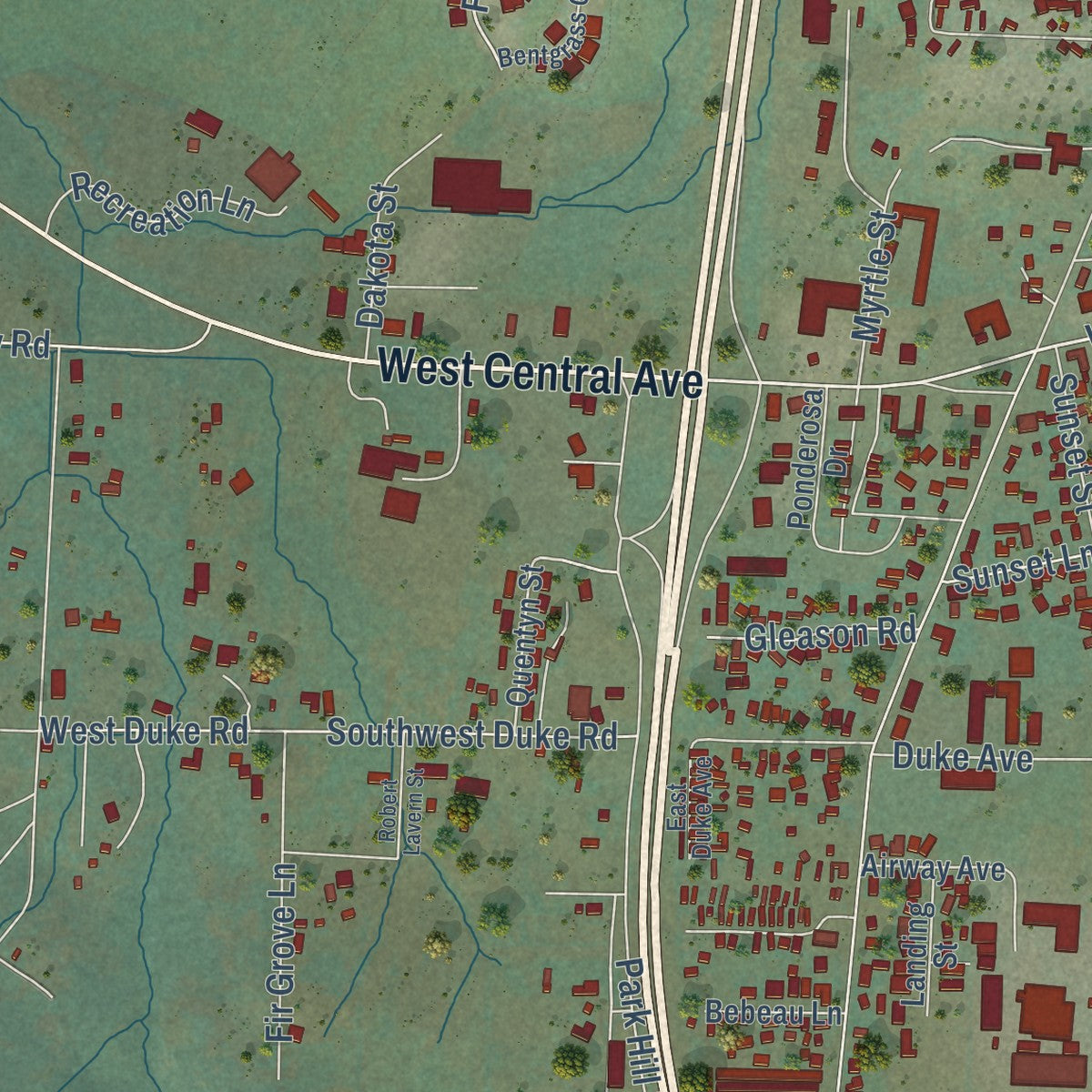 Second close-up of the map of Sutherlin, Oregon print showing more streets and buildings