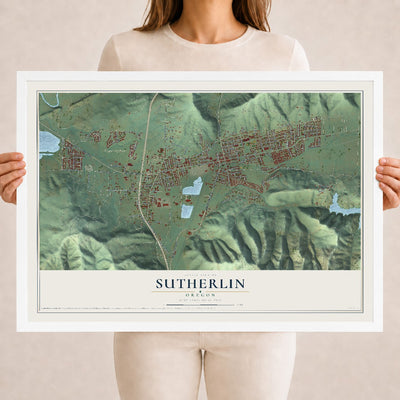 Map of Sutherlin, Oregon, 18 x 24 inch print in a white wood frame