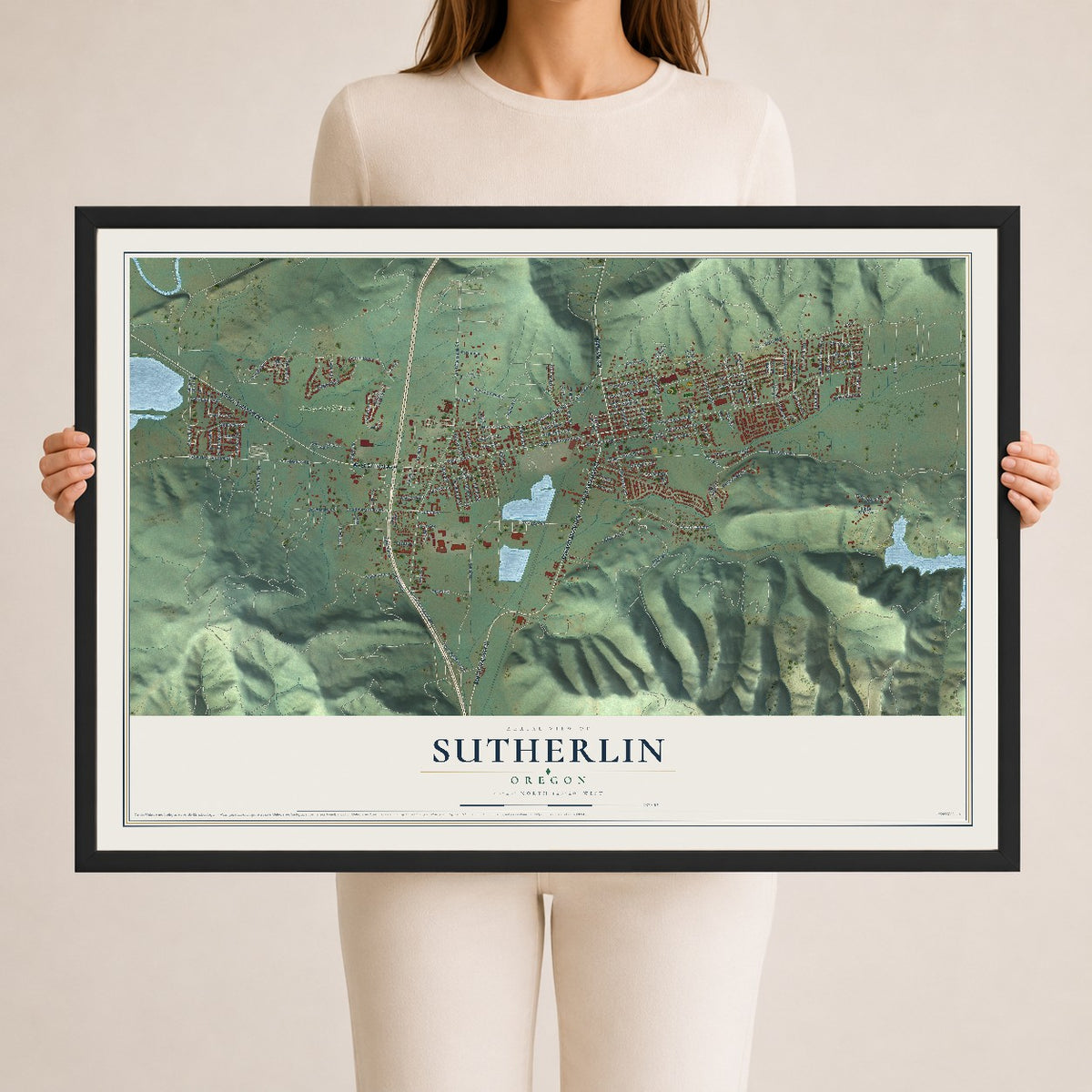 Map of Sutherlin, Oregon, 24 x 36 inch print in a black wood frame