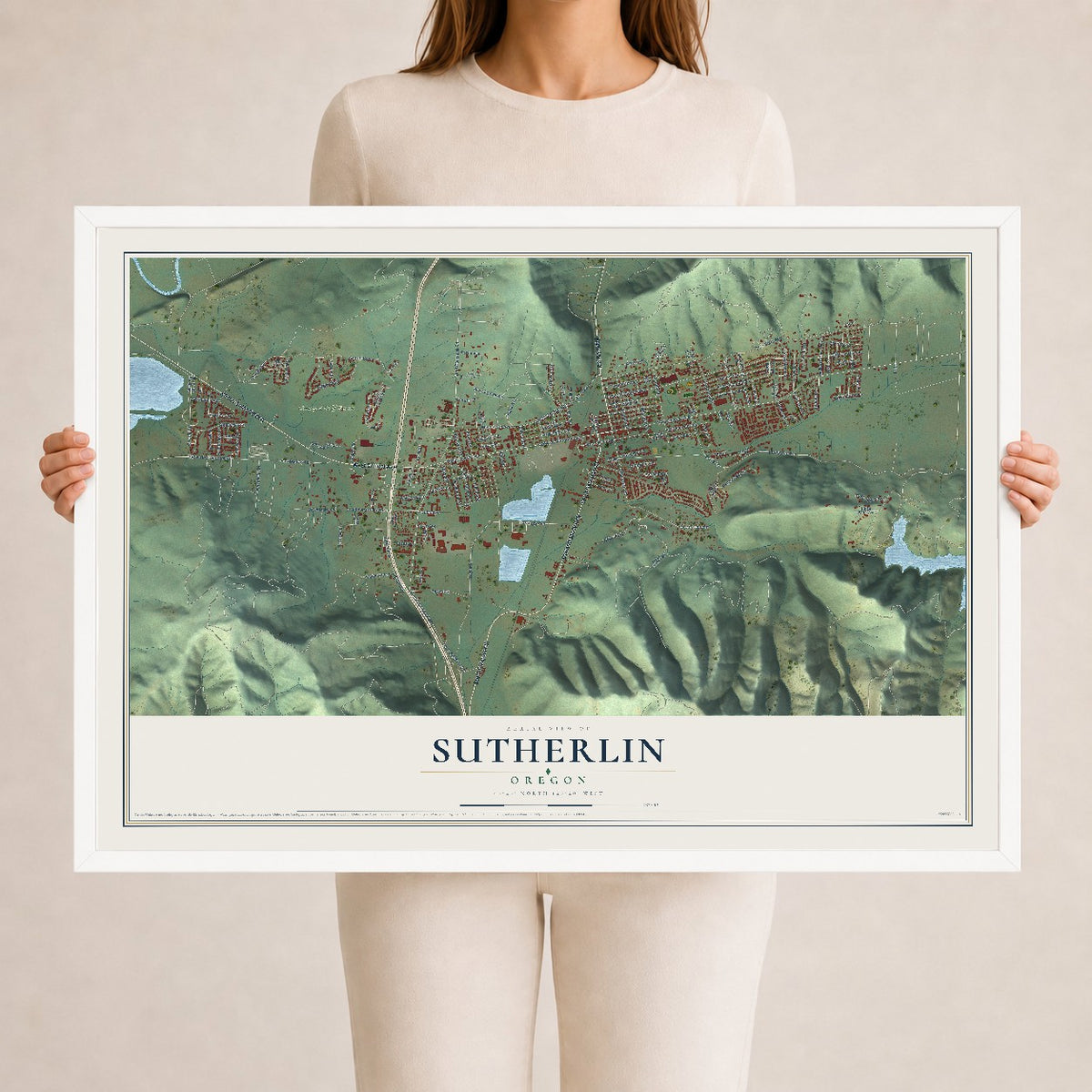 Map of Sutherlin, Oregon, 24 x 36 inch print in a white wood frame