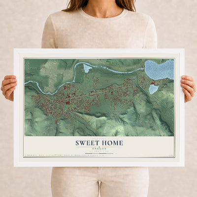 Map of Sweet Home, Oregon, 12 x 18 inch print in a white wood frame
