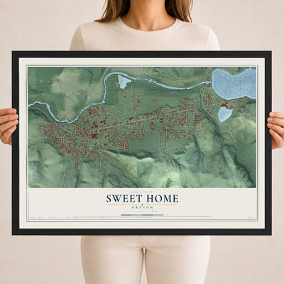 Map of Sweet Home, Oregon, 18 x 24 inch print in a black wood frame