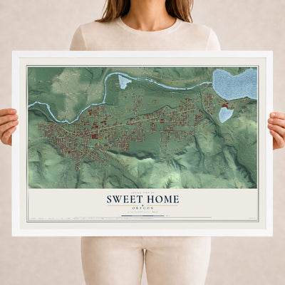 Map of Sweet Home, Oregon, 18 x 24 inch print in a white wood frame