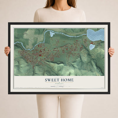 Map of Sweet Home, Oregon, 24 x 36 inch print in a black wood frame