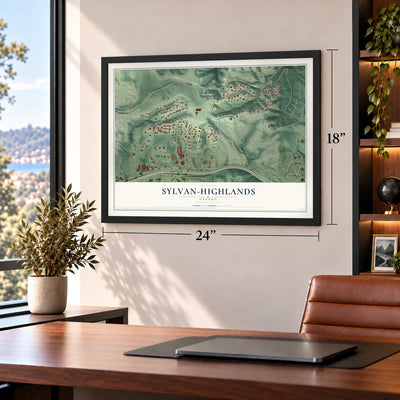 Sylvan-Highlands, Oregon map, 18 x 24 inch print in a black frame in a home office
