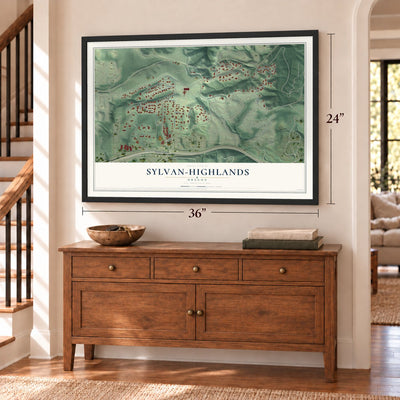 Sylvan-Highlands, Oregon map, 24 x 36 inch print in a black frame above a dresser by a staircase