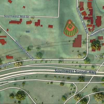 Close-up of the map of Sylvan-Highlands, Oregon print showing street and building detail