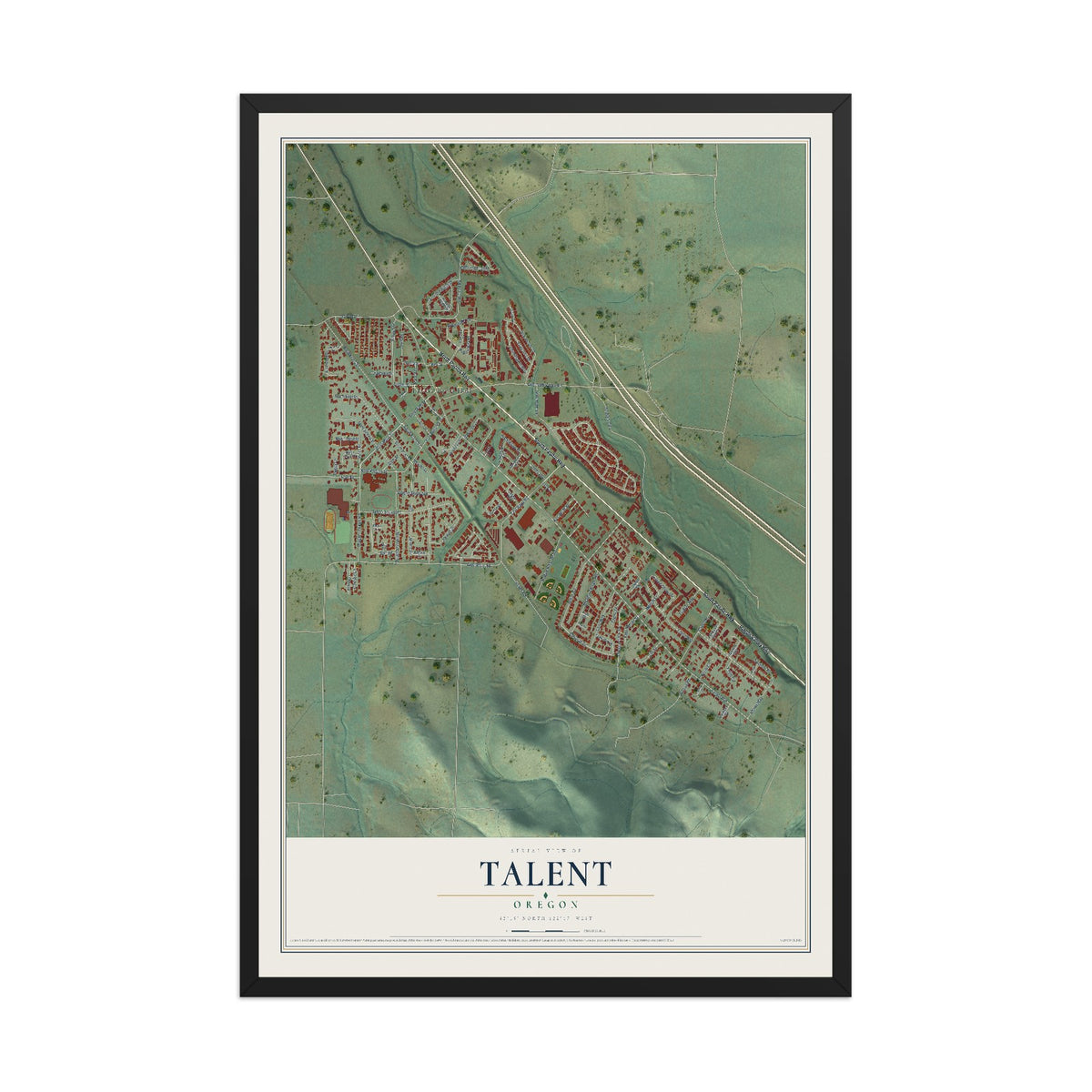 Map of Talent, Oregon, 12 x 18 inch print in a black wood frame