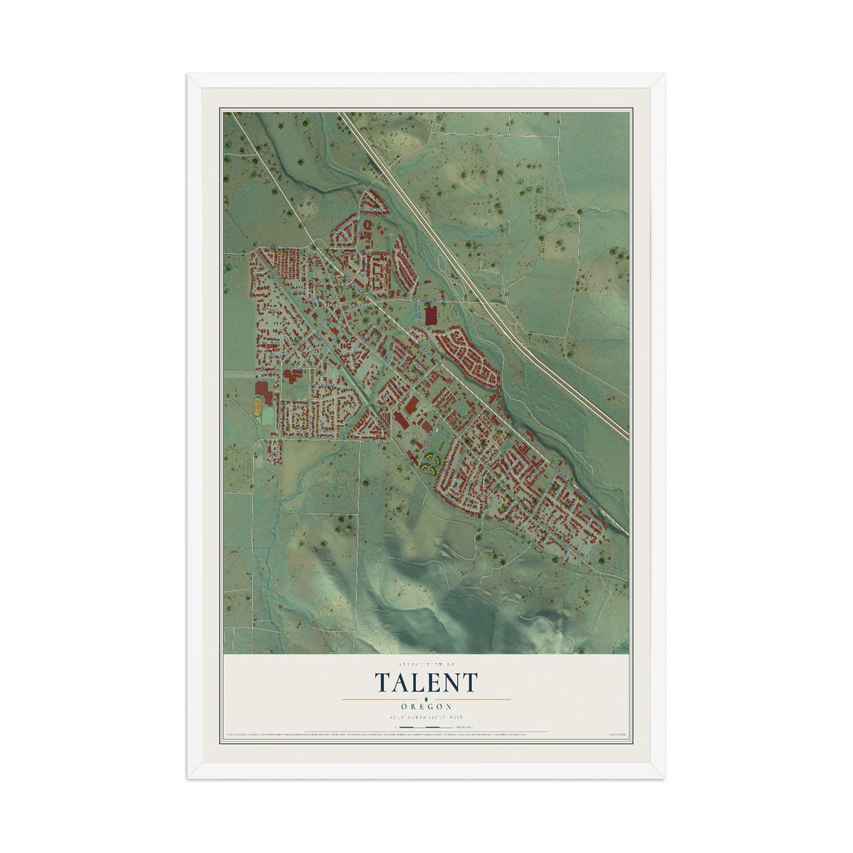Map of Talent, Oregon, 12 x 18 inch print in a white wood frame