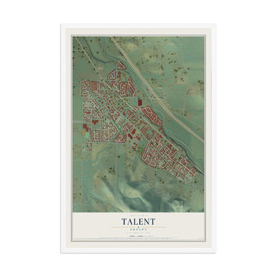 Map of Talent, Oregon, 12 x 18 inch print in a white wood frame
