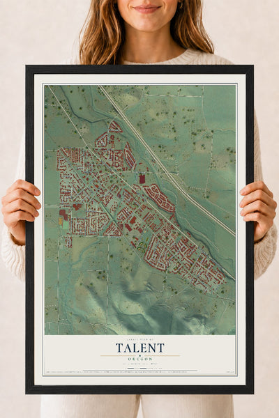 Map of Talent, Oregon, 18 x 24 inch print in a black wood frame