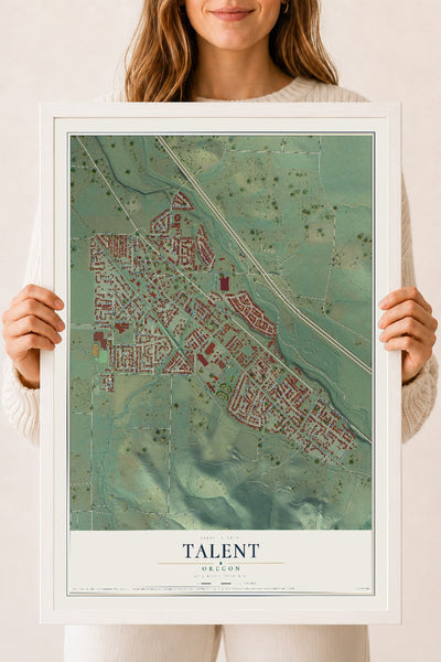 Map of Talent, Oregon, 18 x 24 inch print in a white wood frame