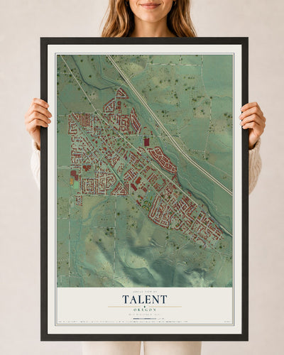 Map of Talent, Oregon, 24 x 36 inch print in a black wood frame
