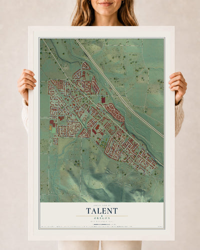 Map of Talent, Oregon, 24 x 36 inch print in a white wood frame