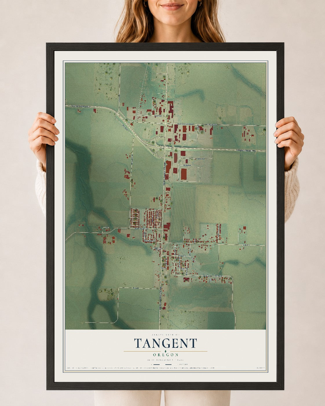 Map of Tangent, Oregon, 24 x 36 inch print in a black wood frame