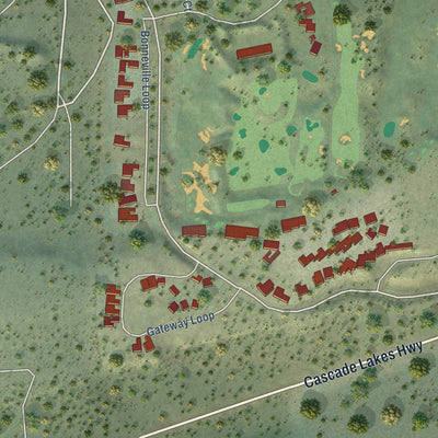 Close-up of the map of Tetherow, Oregon print showing street and building detail