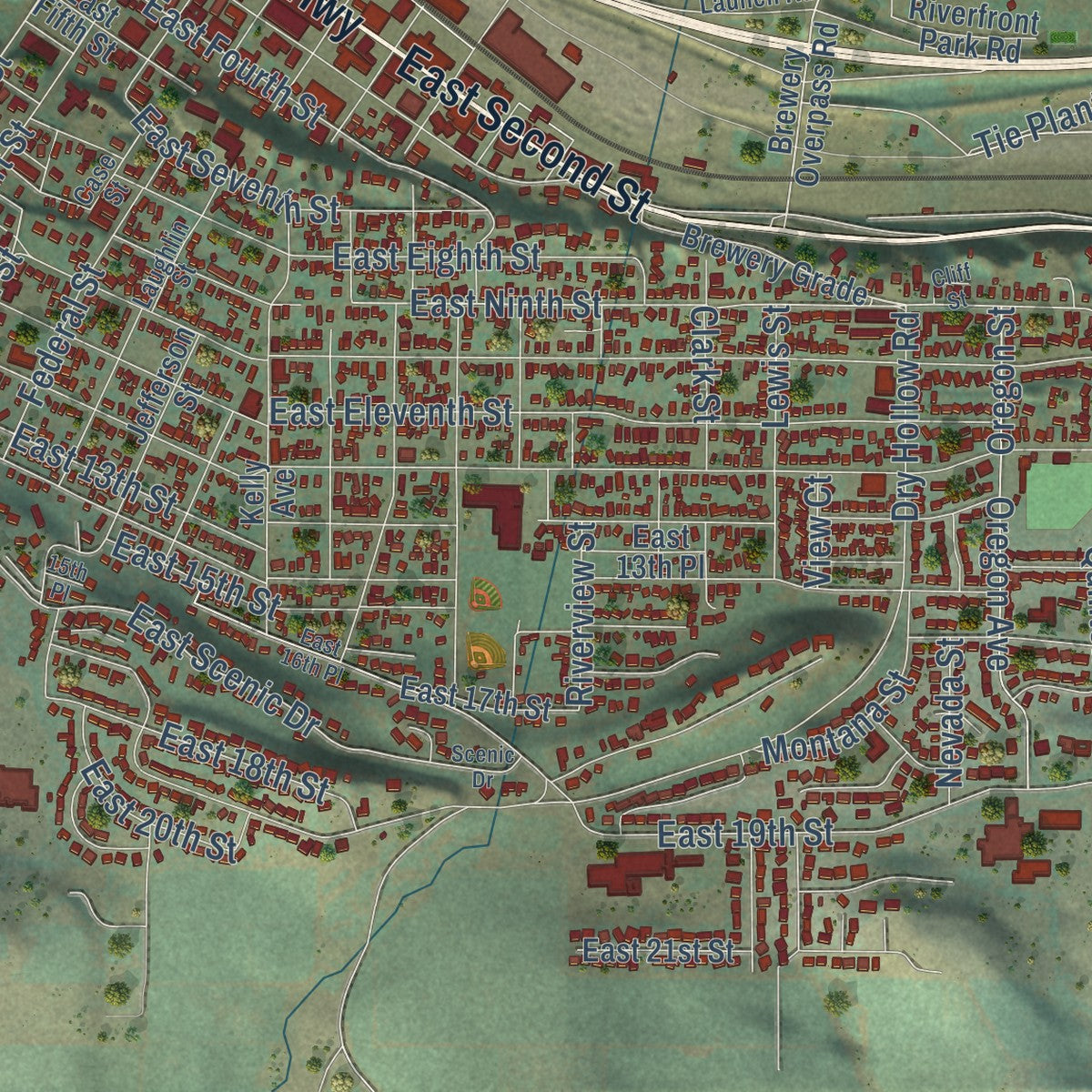 Close-up of the map of The Dalles, Oregon print showing street and building detail
