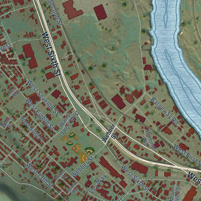 Second close-up of the map of The Dalles, Oregon print showing more streets and buildings