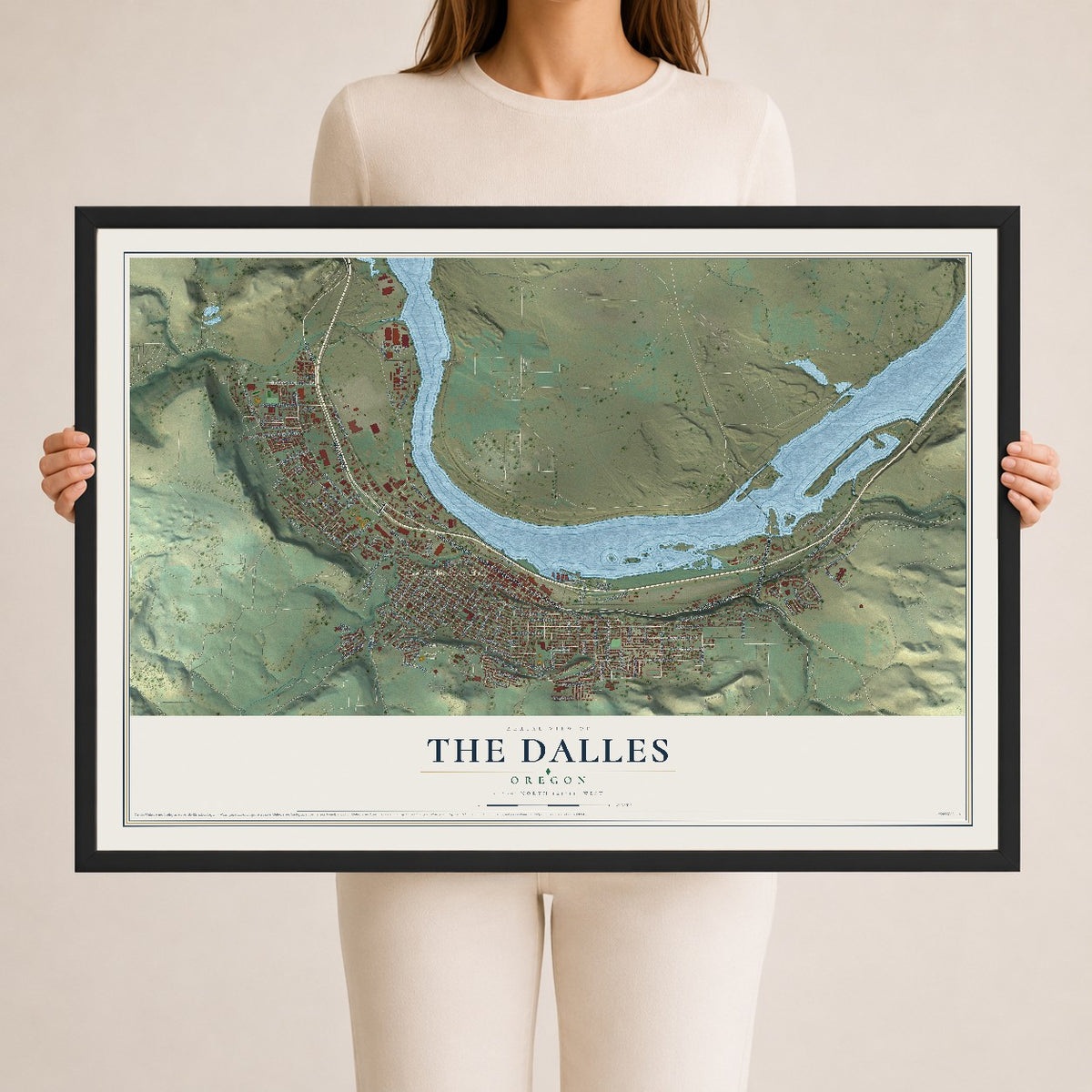 Map of The Dalles, Oregon, 24 x 36 inch print in a black wood frame