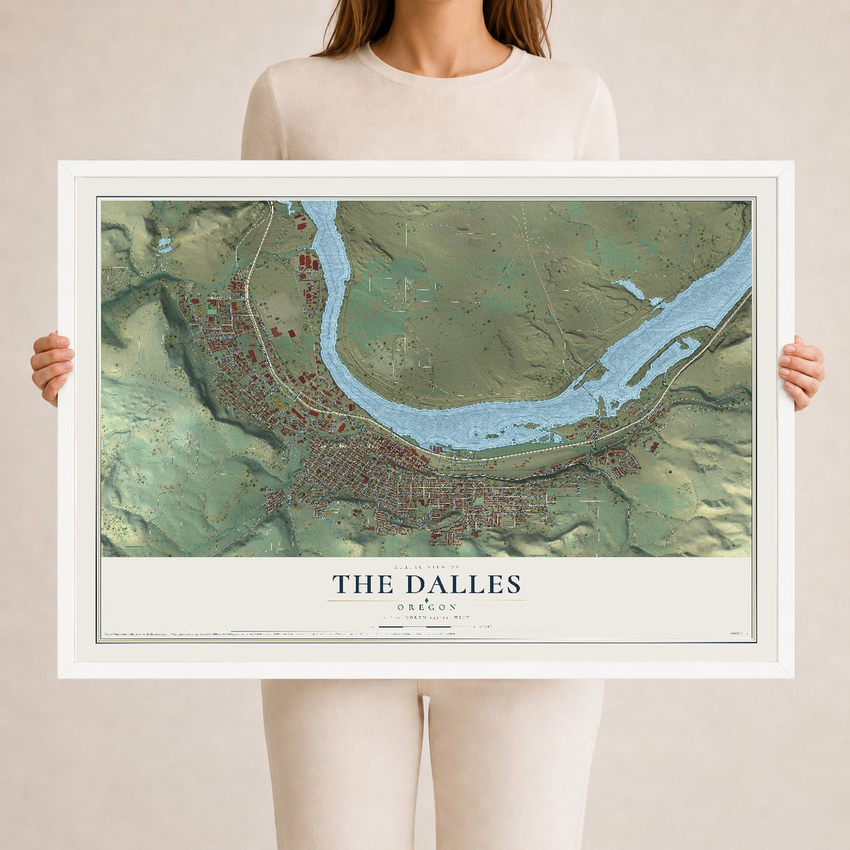 Map of The Dalles, Oregon, 24 x 36 inch print in a white wood frame
