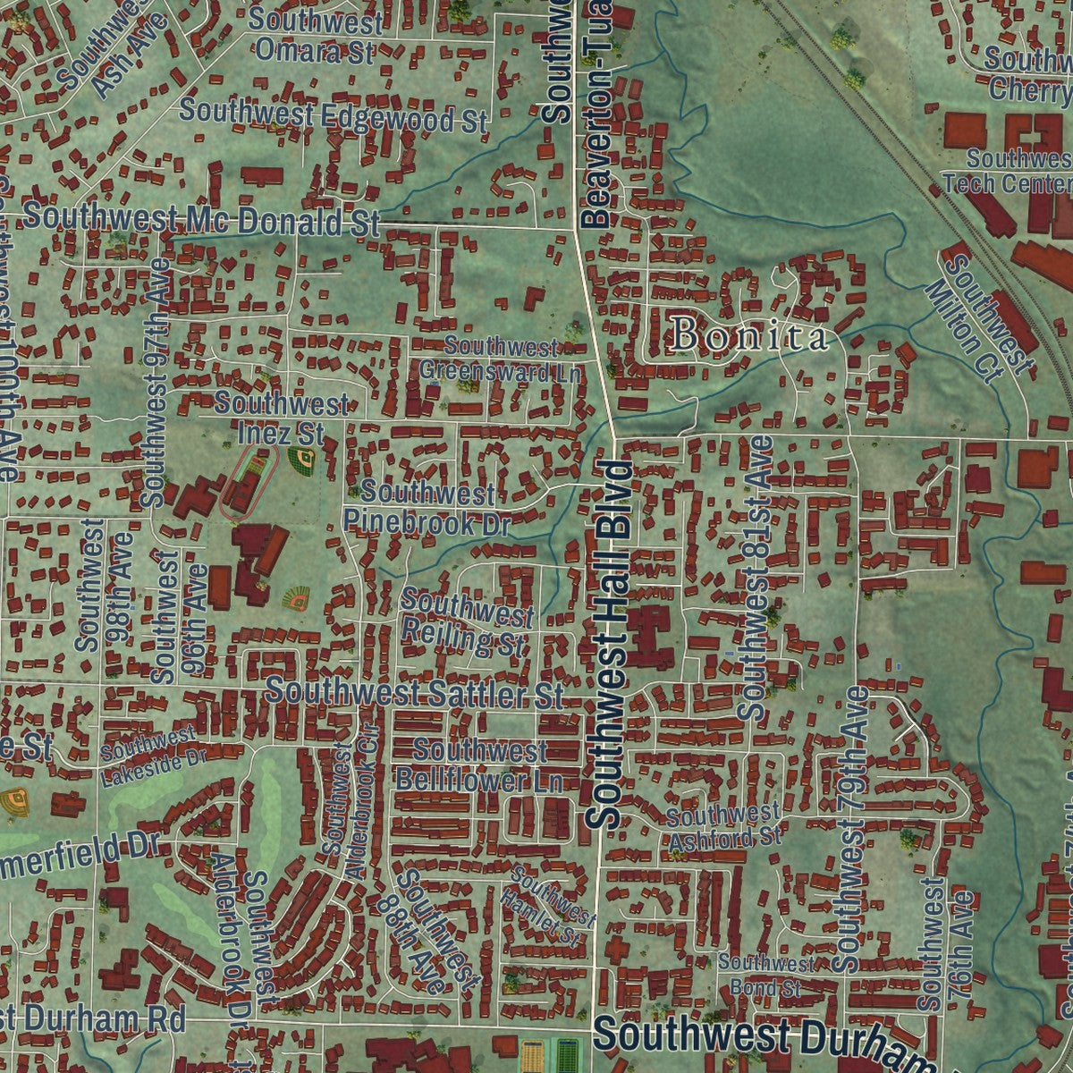 Close-up of the map of Tigard, Oregon print showing street and building detail