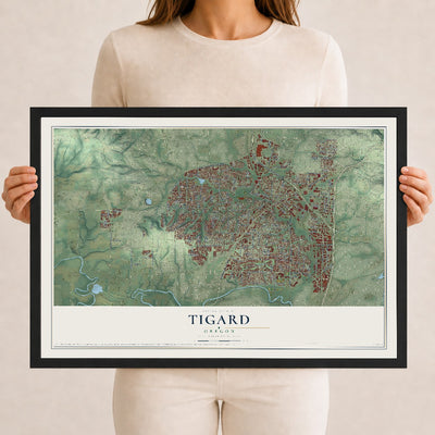 Map of Tigard, Oregon, 12 x 18 inch print in a black wood frame