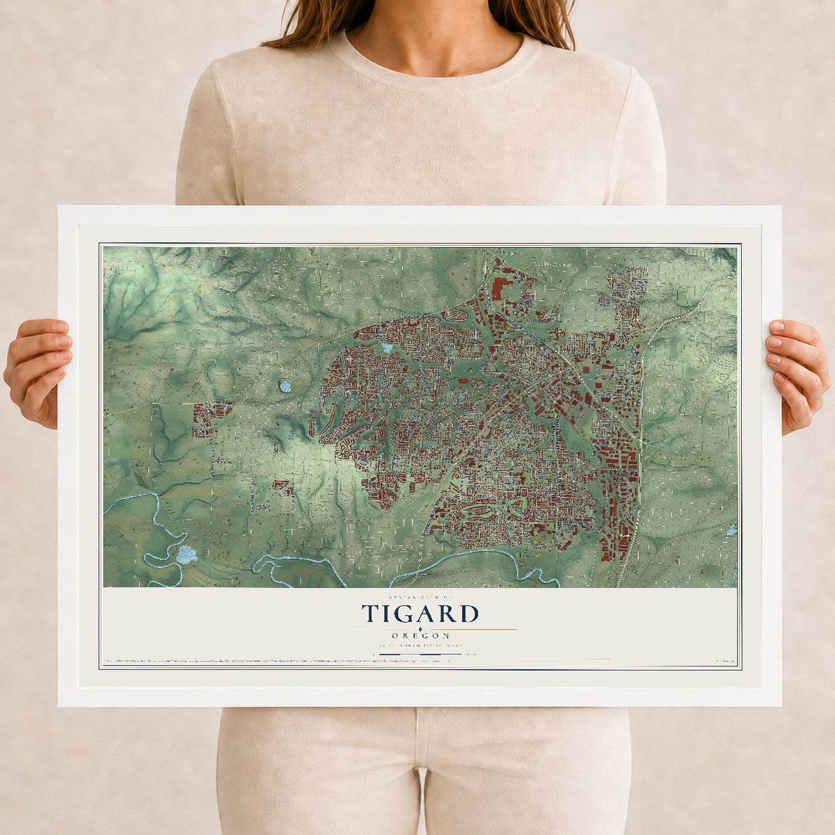 Map of Tigard, Oregon, 12 x 18 inch print in a white wood frame