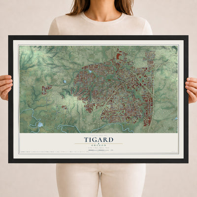 Map of Tigard, Oregon, 18 x 24 inch print in a black wood frame