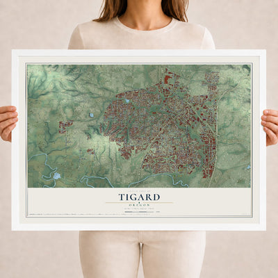 Map of Tigard, Oregon, 18 x 24 inch print in a white wood frame